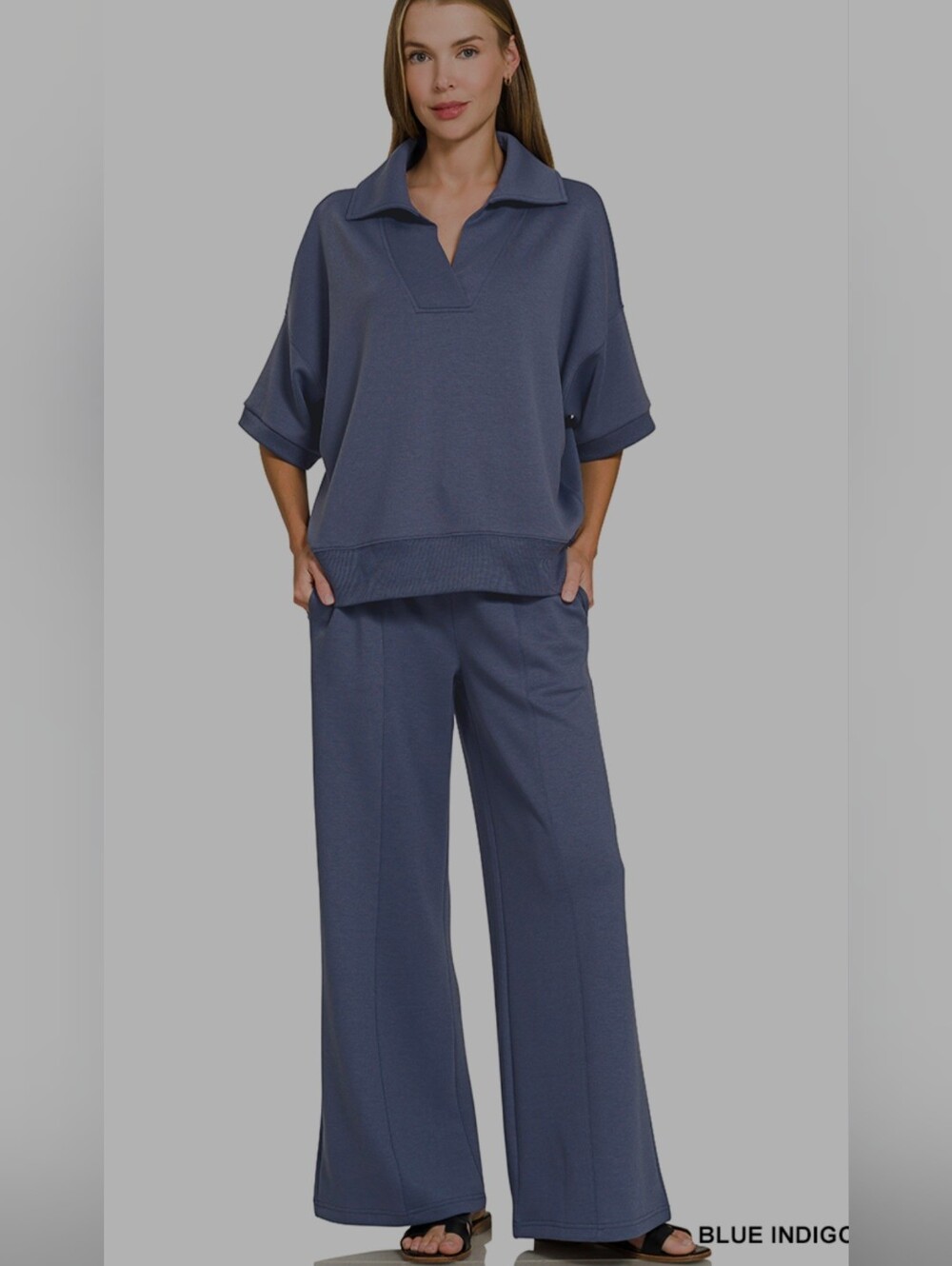 Zenana-Collared Scuba Pant Set-Blue Indigo